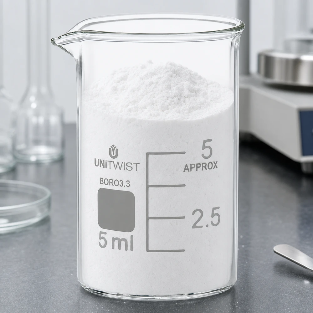 Bicchiere 5ml in borosilicato, forma bassa UNiTWIST Polvere bianca nel becher UNiTWIST da 5 ml in borosilicato, di forma bassa, su un piano di lavoro da laboratorio grigio