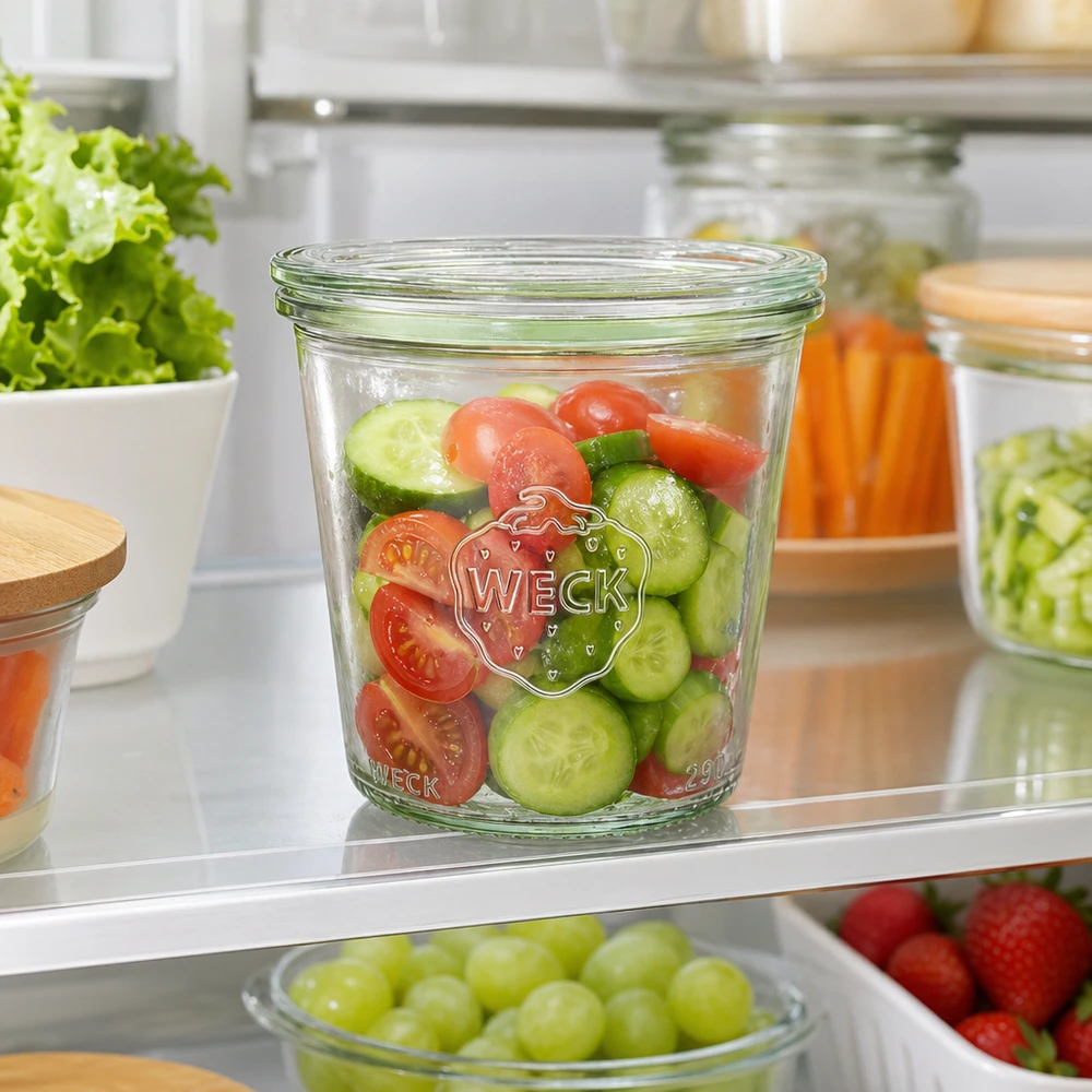 290ml Sturzglas hoch mit Glasdeckel WECK RR80 WECK Sturzglas 290ml RR80 im Kühlschrank mit frischem Gurken-Tomaten-Salat befüllt als praktische Meal-Prep-Lösung