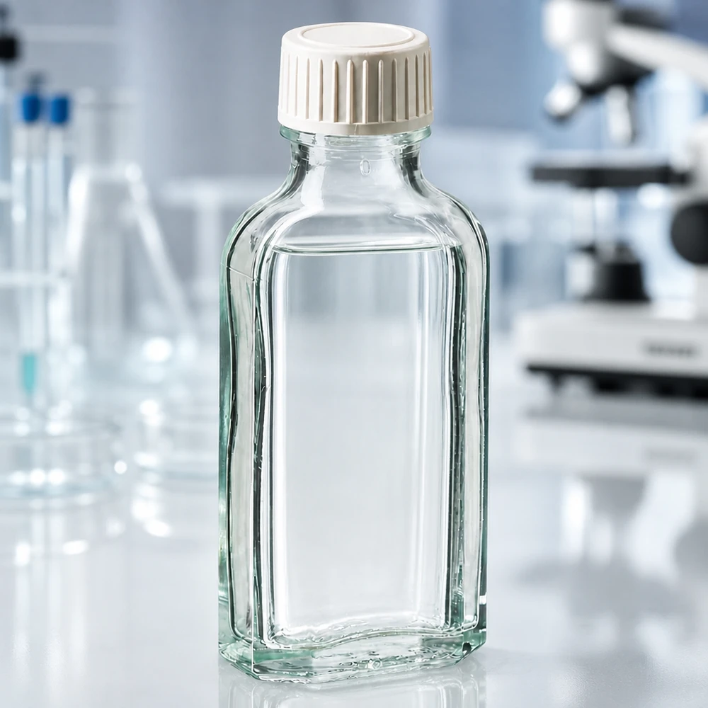 Flacone di vetro a fondo piatto da 50 ml con tappo a vite bianco scanalato su un piano da laboratorio bianco