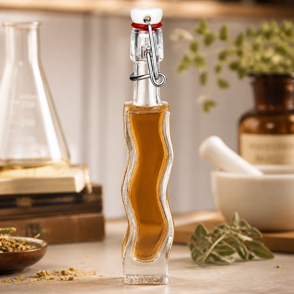 Flacone in vetro da 40 ml Fila con tappo a clip in PVC UNiTWIST® Bottiglia di vetro da 40 ml Anna riempita di liquido color miele in una cucina rustica con erbe e bicchieri di vetro
