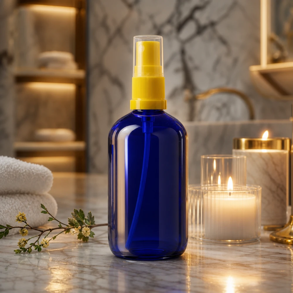 Apothekenflasche blau 100ml Sprayaufsatz gelb Blauglas Pumpflasche Standard 100ml gelber Zerstäuber ideal für Gesichtswasser und Hydrolate