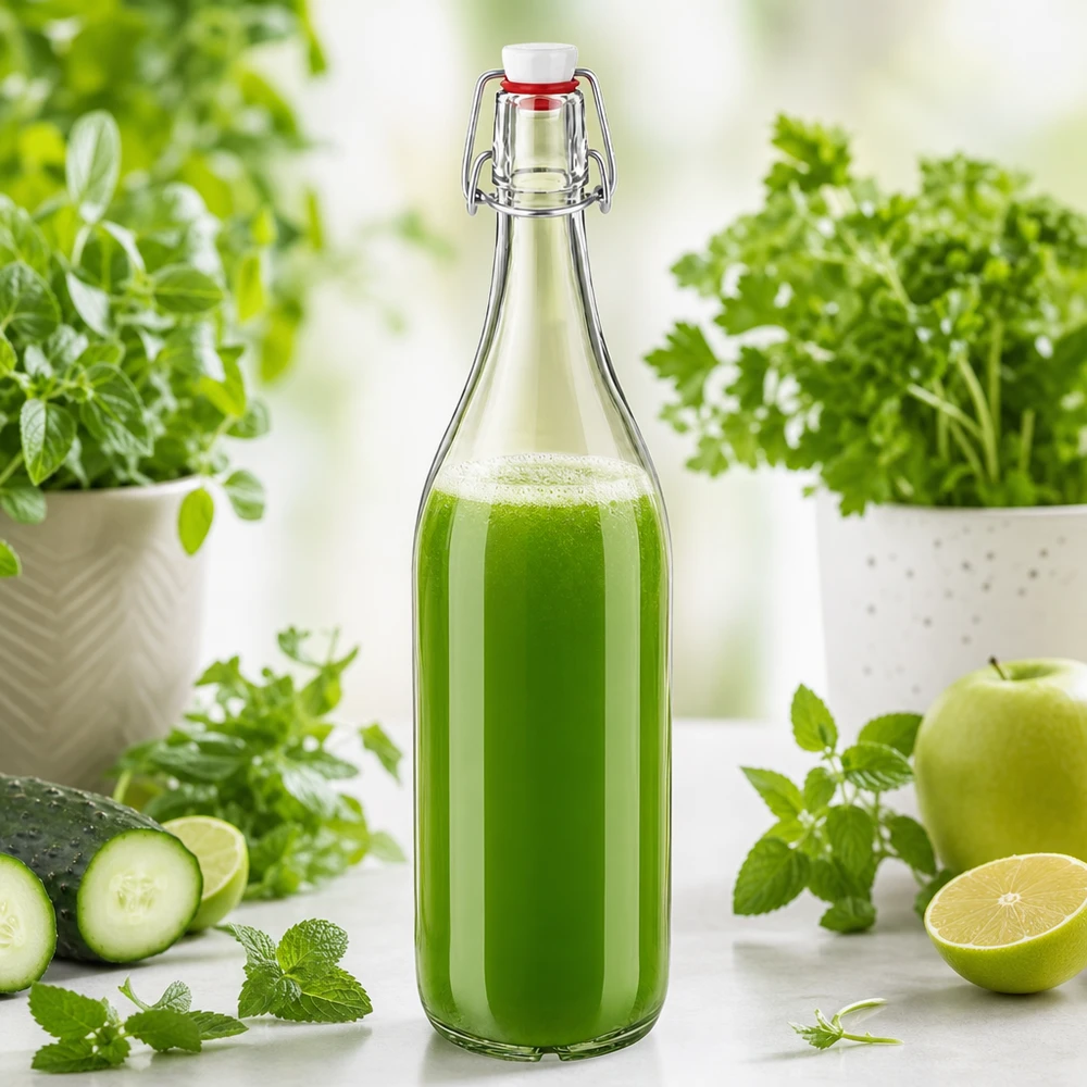 Bottiglia in vetro da 1000 ml, con tappo a scatto in PVC, riempita di frullato verde circondato da erbe e verdure fresche.