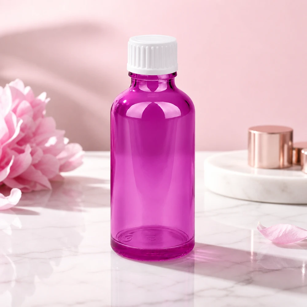 Bottiglia in vetro viola da 50 ml con filettatura DIN per la conservazione sicura di preparati liquidi