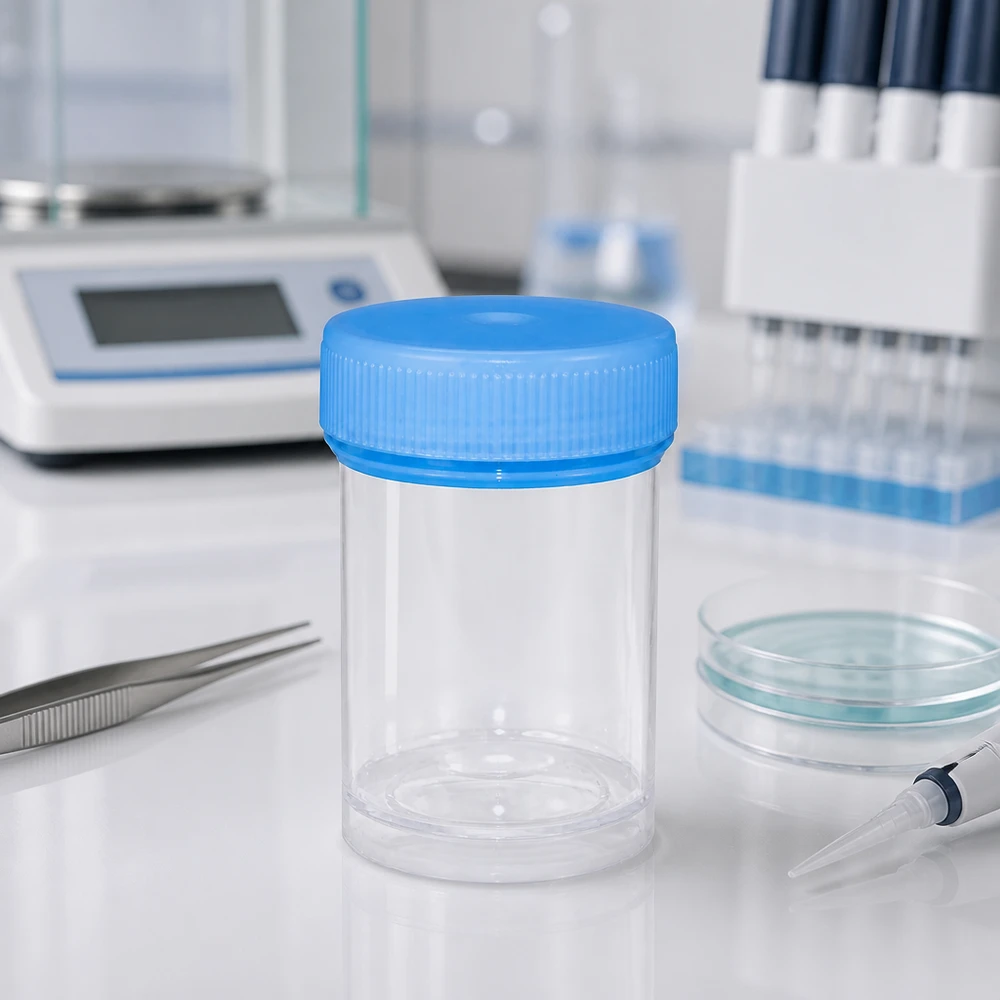 Récipient médical pour échantillons de 35 ml en plastique sans BPA, avec un bouchon bleu