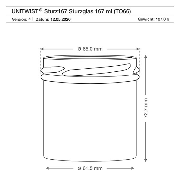 UNiTWIST Sturz167 - Capacità 167ml TO66 UNiTWIST Sturz167 Sturzglas 167ml TO66 disegno tecnico con dimensioni diametro 65mm altezza 72,7mm peso 127g