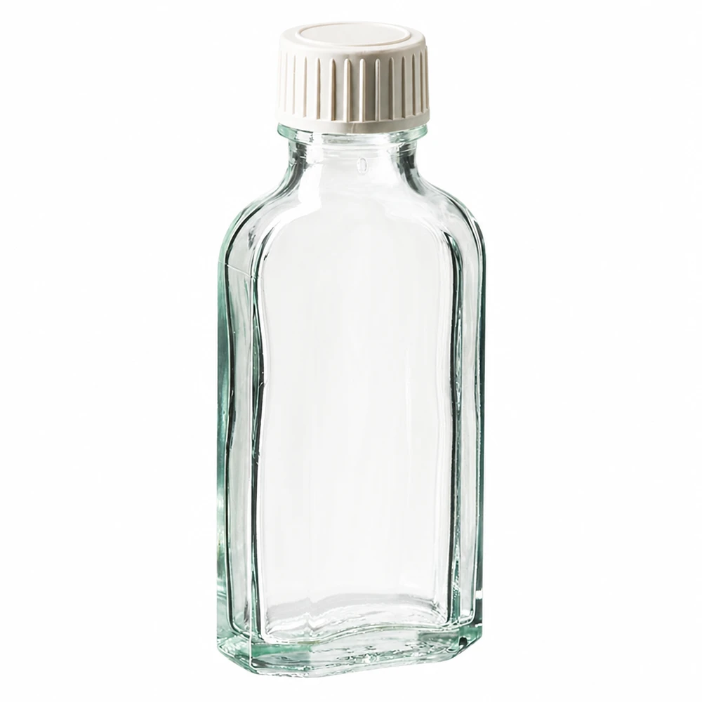 Transparente 50ml Apothekerflasche Meplat mit weißem Schraubdeckel und Schaumeinlage