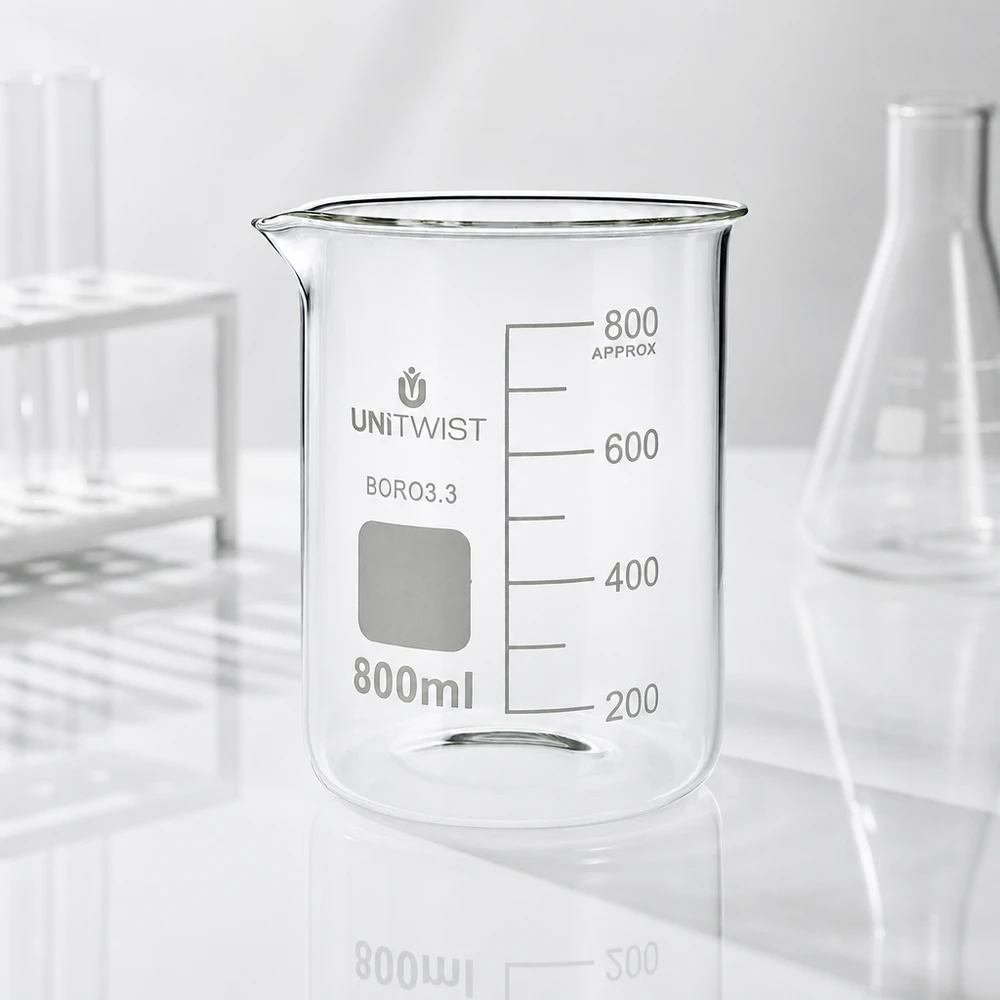 Bicchiere 800ml borosilicato, stampo basso UNiTWIST Bicchiere da laboratorio UNiTWIST vuoto da 800 ml in borosilicato 3.3, forma bassa, con scala graduata in ml su fondo bianco