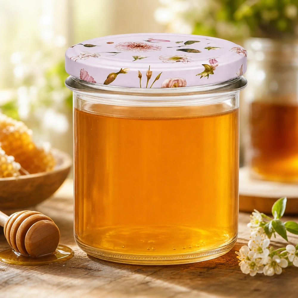 350ml tumbler rosa fiore coperchio riempito di miele accanto al cucchiaio di miele e fiori come marmellata barattolo apicoltura
