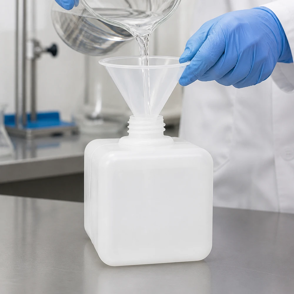 Flacon à produits chimiques 500 ml à col étroit, PEHD couleur naturelle, GL 32 Transvasement en toute sécurité de liquides de laboratoire dans un flacon pour produits chimiques en PE-HD de 500 ml, bouchon GL32, avec des gants de protection