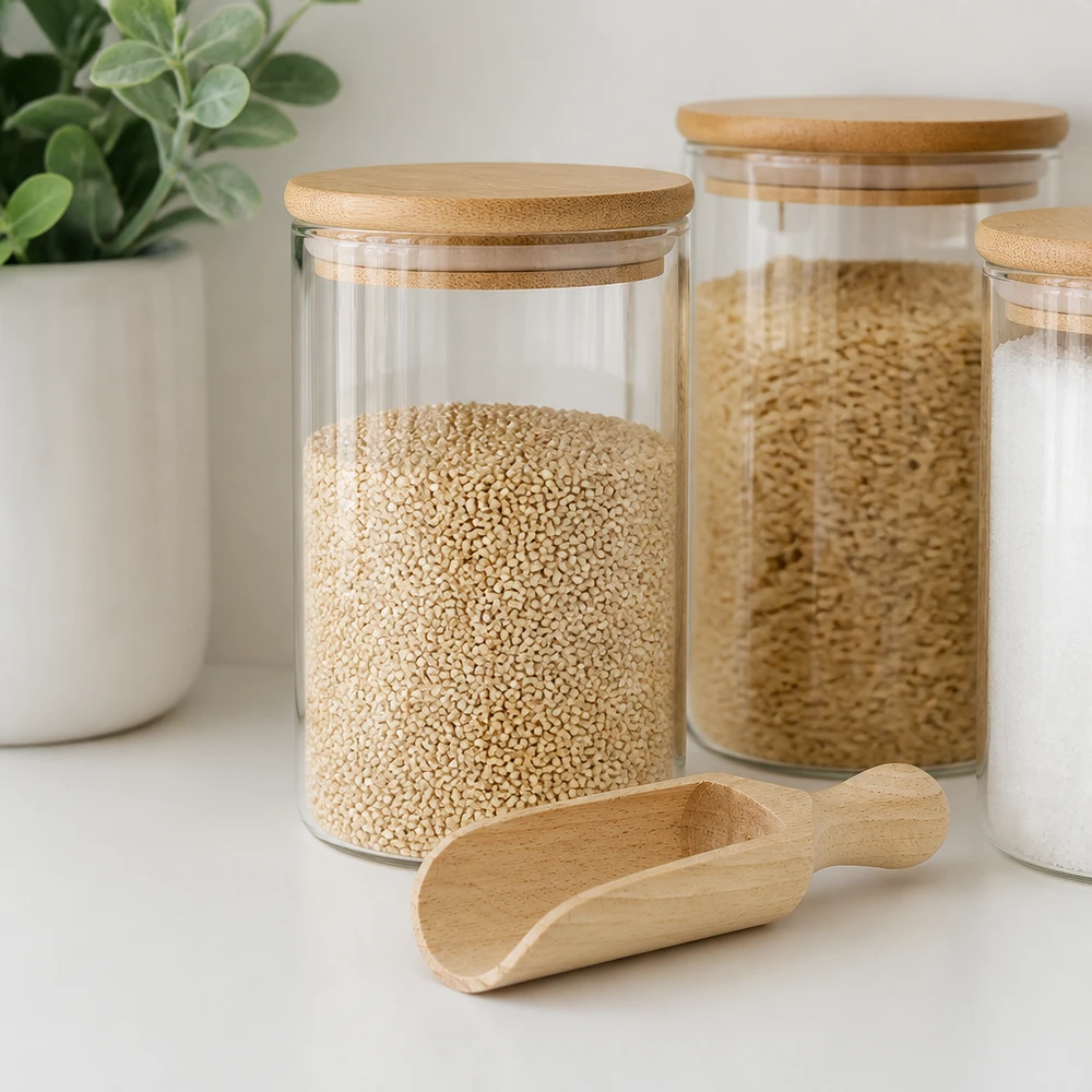 Pala di legno misura M a forma semicircolare lunga 14 cm Holzschaufel M 14cm mit Vorratsgläsern und Quinoa in moderner Küche - praktisches Küchenhelfer-Styling