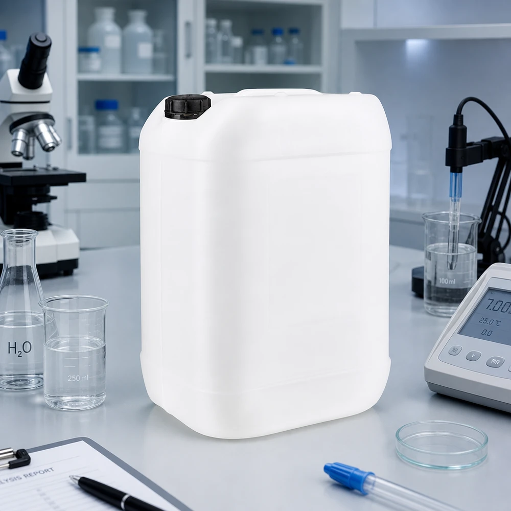 Jerrican de 25 litres avec bouchon à vis Bidon rectangulaire de 25 litres muni d'un bouchon à vis noir, utilisé dans un environnement de laboratoire professionnel