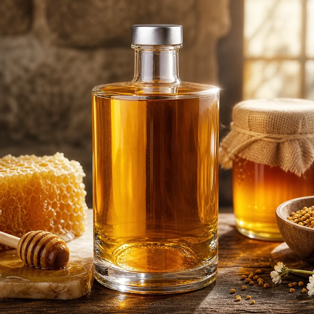 Bottiglia di vetro da 375 ml Sam riempita di miele dorato accanto a favo e vasetto di miele - bottiglia per liquori con tappo a vite