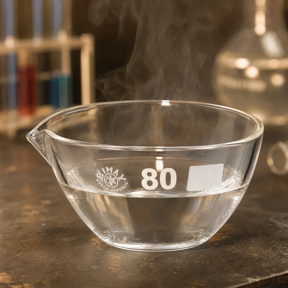 Capsule d’évaporation 90 ml en verre borosilicate, avec bec verseur Bol de laboratoire compact de 80 mm en borosilicate avec bec verseur pour un travail précis en laboratoire
