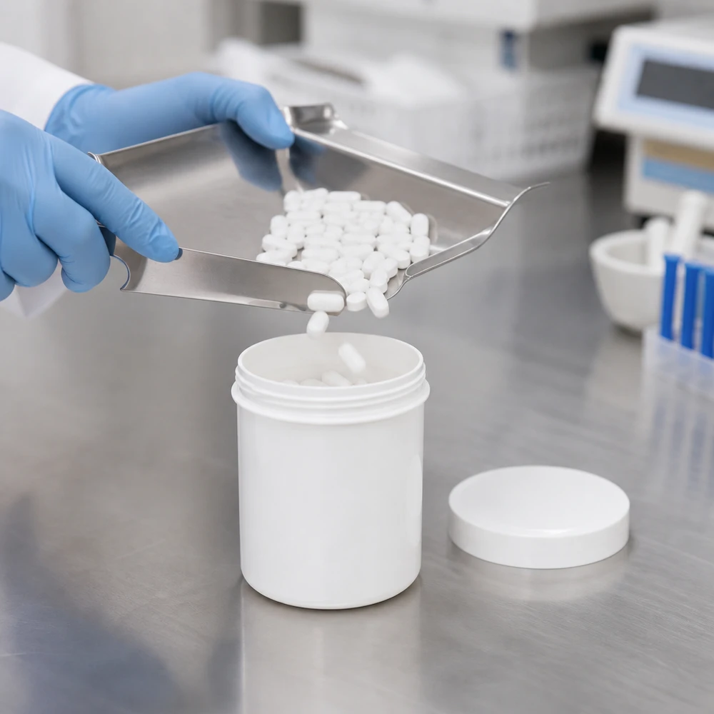 Remplissage d'un pot en PP blanc de 10 g avec des gélules pharmaceutiques en laboratoire