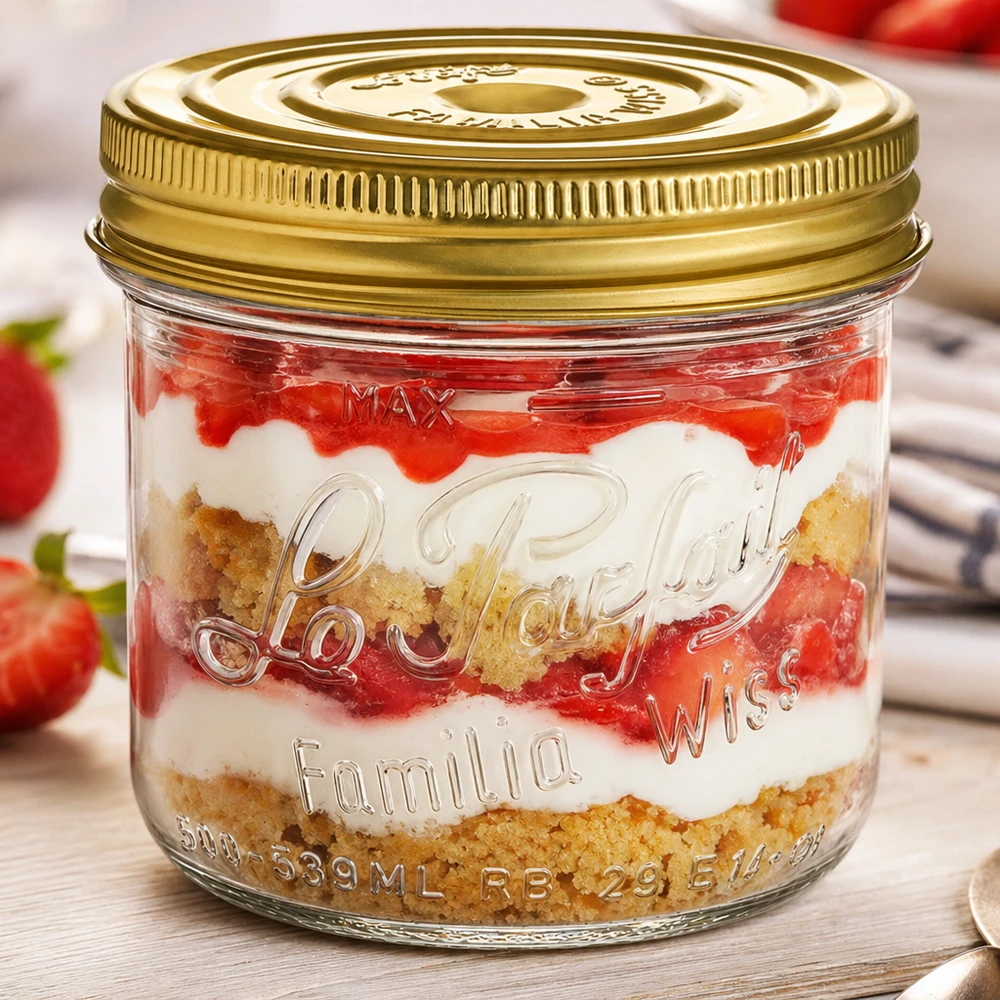 Le Parfait® Familia Wiss 500 g Ø100 mm vaso Bicchieri Familia Wiss da 539 ml con coperchio a vite dorato e dessert a strati di fragole e base di biscotto