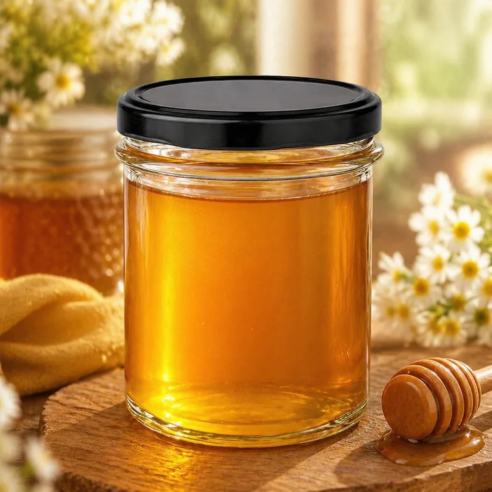 230ml Sturzglas mit schwarzem Deckel gefüllt mit goldenem Honig neben Honiglöffel auf Holzbrett natürliche Dekoration