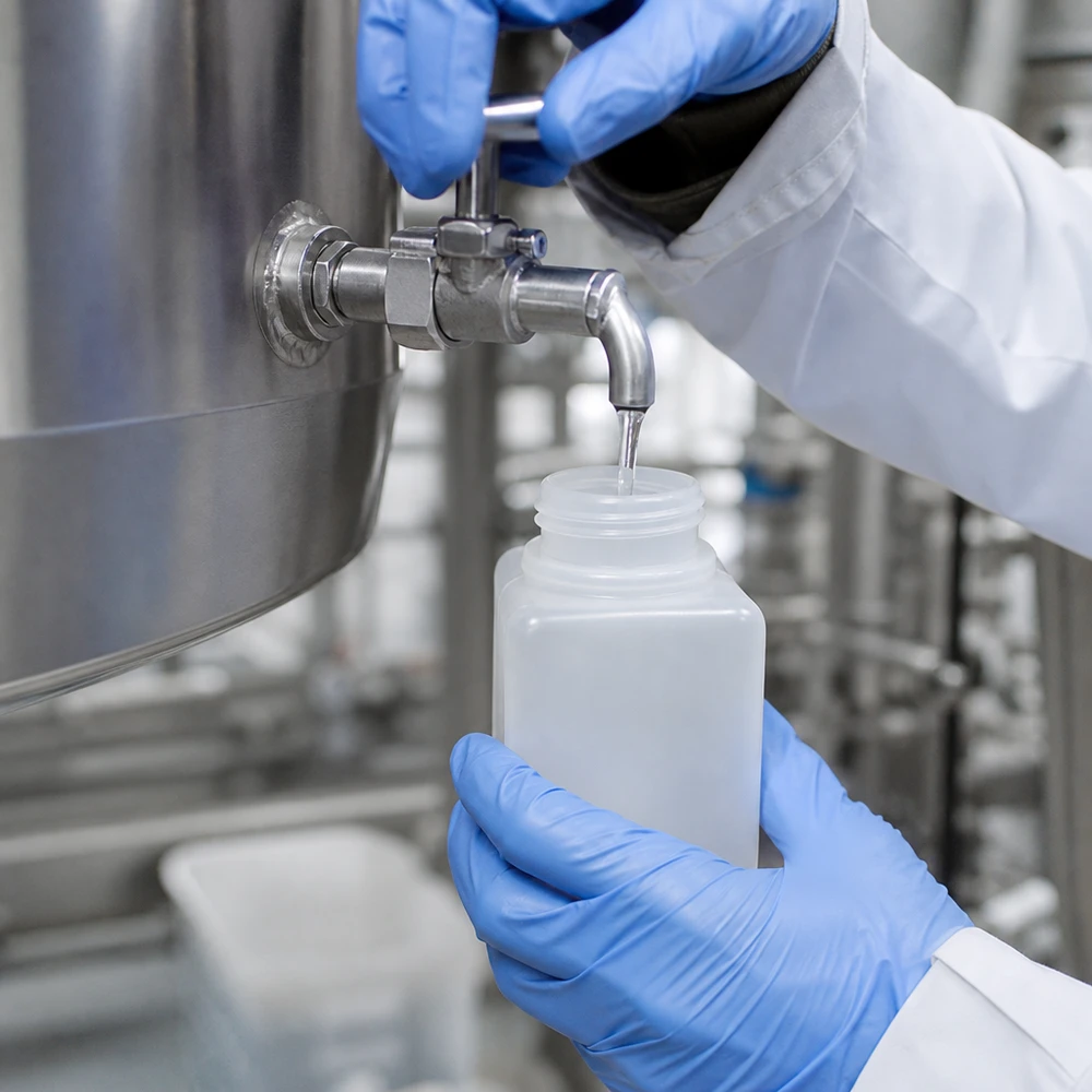Flacon à produits chimiques 20 ml à col étroit, PEHD couleur naturelle, avec bouchon GL 18 Prélèvement industriel à partir d'un récipient en acier inoxydable dans un flacon robuste en PE-HD résistant aux produits chimiques, de 20 ml, à col étroit