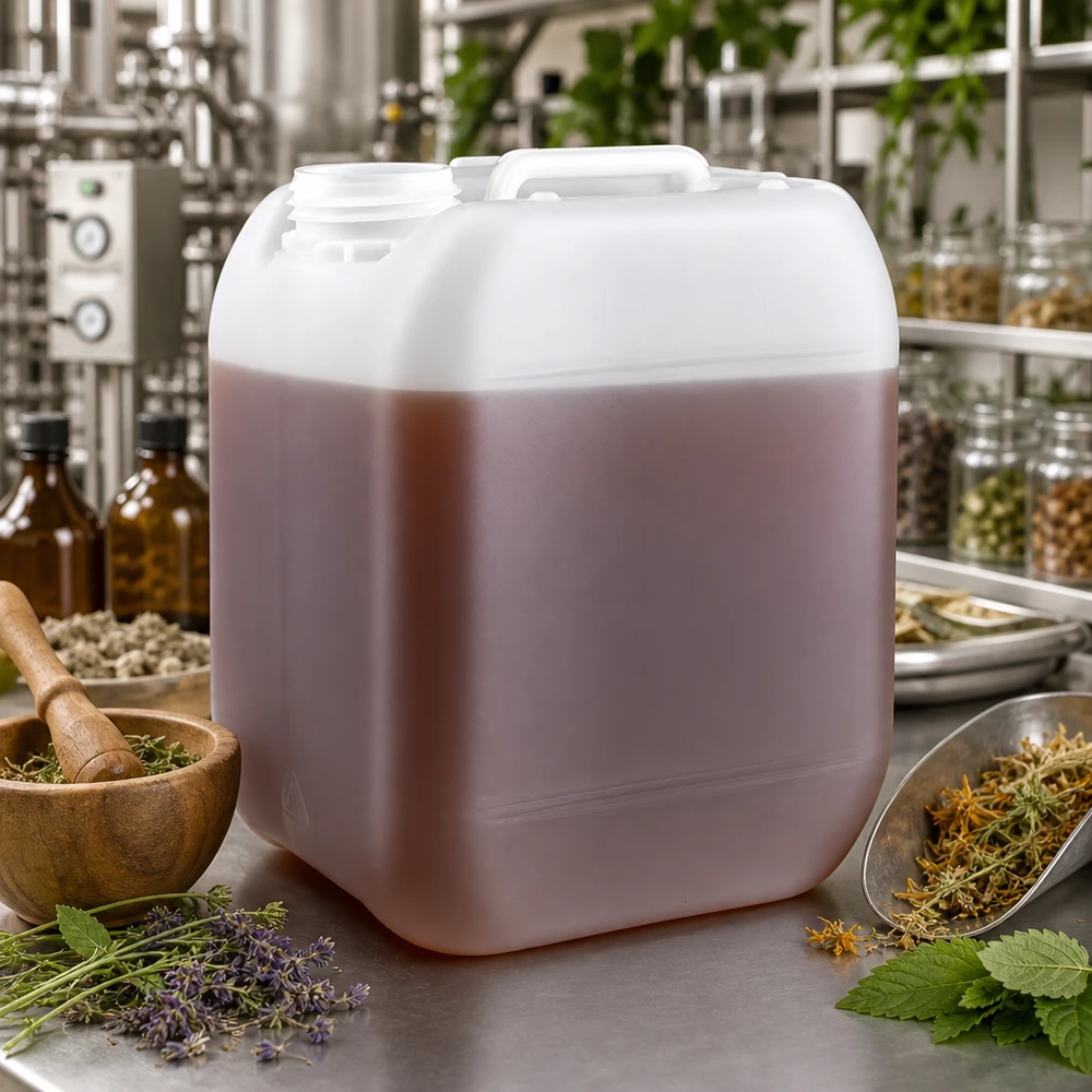 Jerrican de 5 litres sans bouchon Bidon de 5 litres sans bouchon contenant un liquide brun à base de plantes, utilisé dans la fabrication de cosmétiques naturels