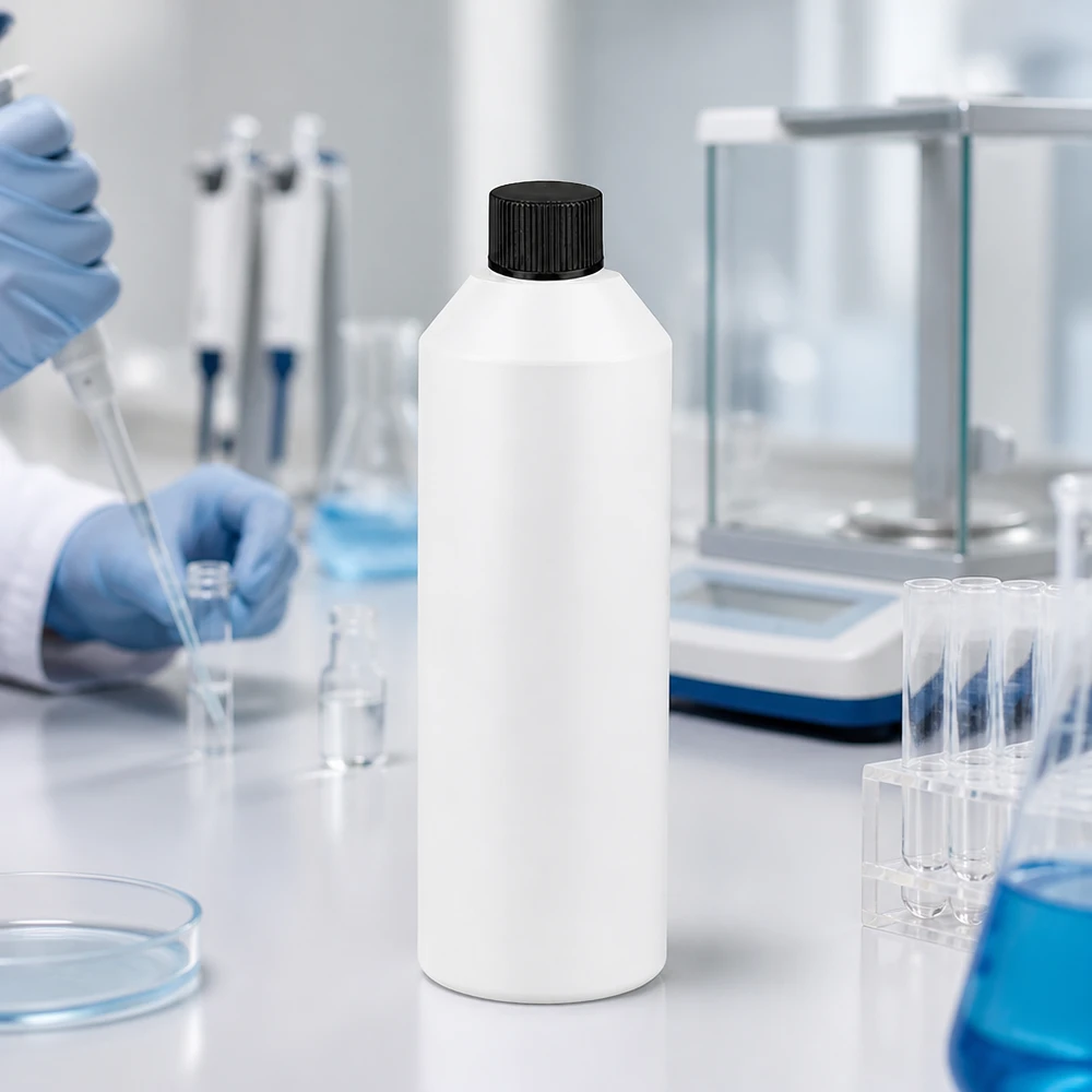 Flacon en plastique HDPE de 250 ml, conforme aux normes pharmaceutiques, de couleur blanche avec un bouchon à vis noir