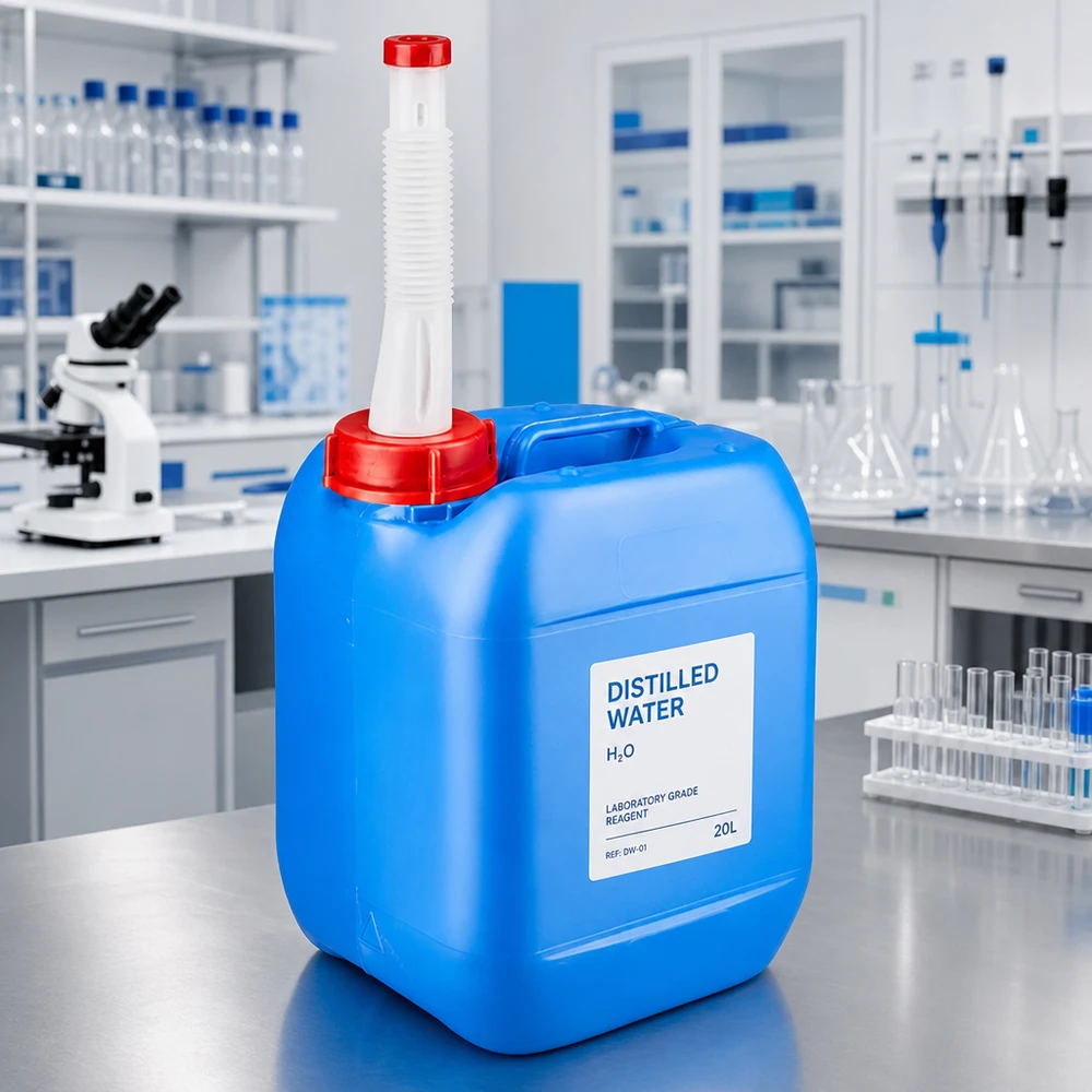 Bidon 5 litres bleu avec tube de vidange Flex Bidon de laboratoire pour eau distillée, 5 L, bleu, avec bec verseur flexible blanc et couvercle rouge