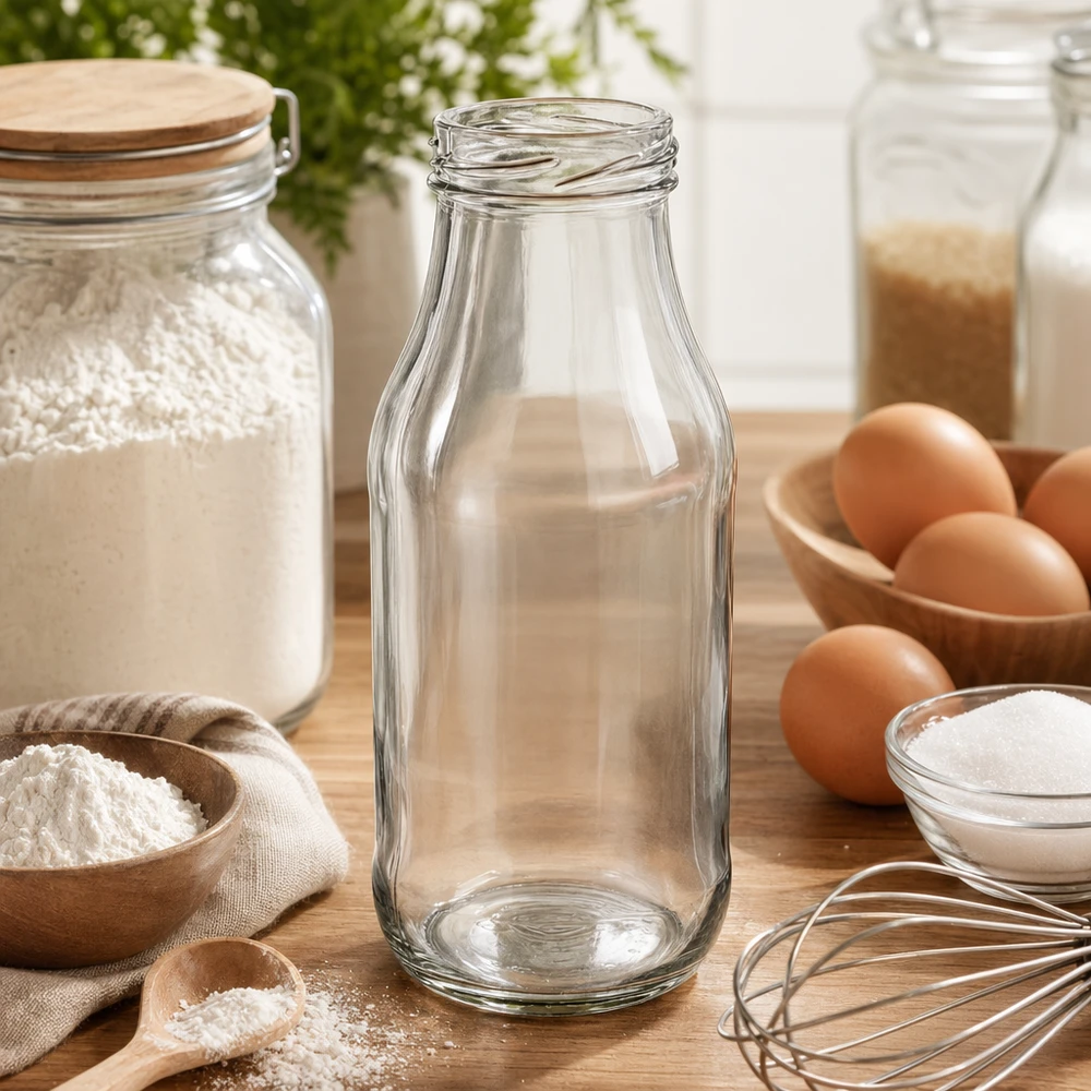 Bottiglia di vetro UNiTWIST vuota 263ml TO43 su tavolo di legno con ingredienti da forno farina uova e utensili da cucina