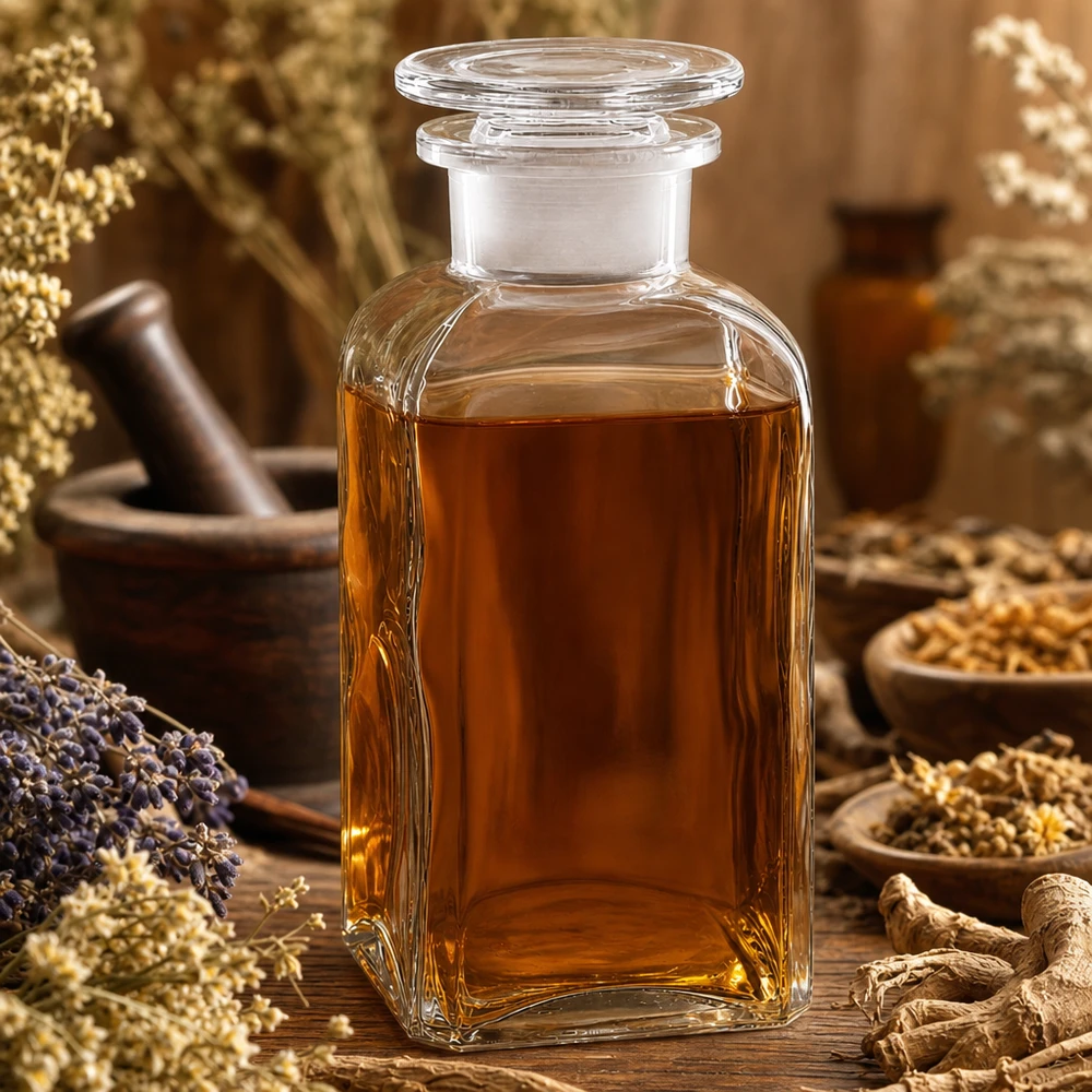 Bottiglia quadrata 350ml trasparente a collo largo con tappo in vetro Bottiglia quadrata da 350 ml a collo largo con tappo in vetro, erbe aromatiche e mortaio su un tavolo di legno