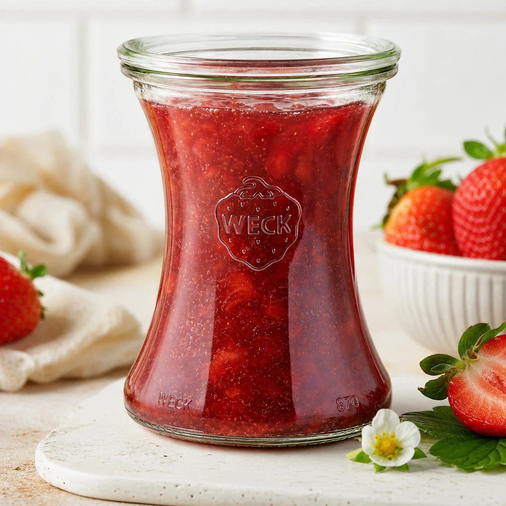 Vasetto WECK da 370 ml RR80 con marmellata di fragole fatta in casa su una tavola di marmo circondata da fragole fresche