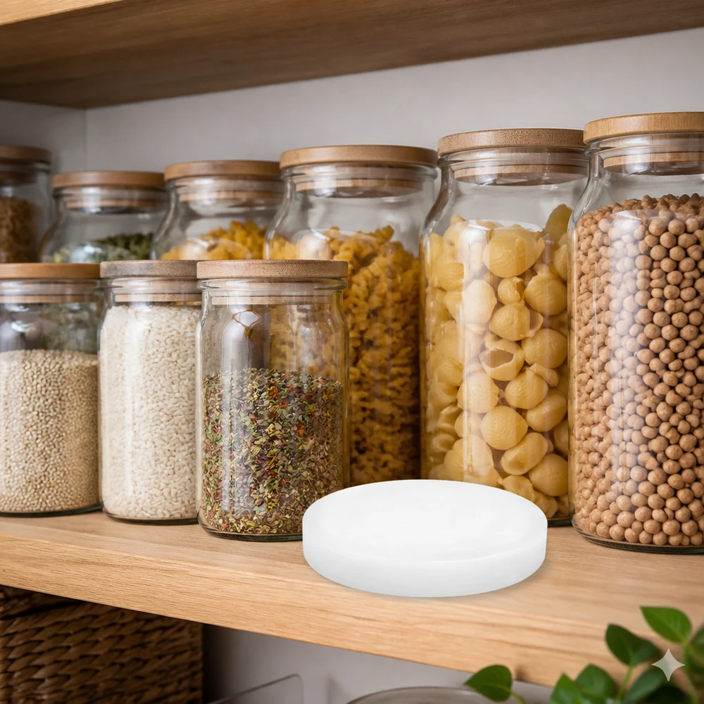 Coperchio in silicone UNiTWIST bianco RR80 davanti a barattoli WECK con pasta, legumi e spezie nella dispensa della cucina