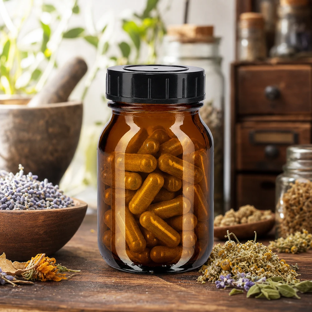 Bottiglia a collo largo da 75ml in vetro ambrato con tappo a vite