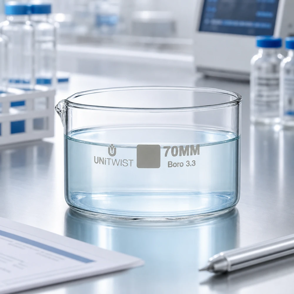 Piatto per cristallizzazione ø70mm in vetro borosilicato UNiTWIST Vaschetta di cristallizzazione da 70 mm UNiTWIST Boro 3.3 riempita con acqua limpida su un tavolo in acciaio inossidabile in laboratorio