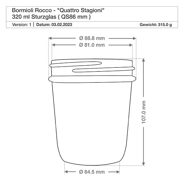 Vaso rotondo "Quattro Stagioni" da 3800ml con coperchio Disegno tecnico Bormioli Rocco Quattro Stagioni 320ml con dimensioni e specifiche Dettagli prodotto