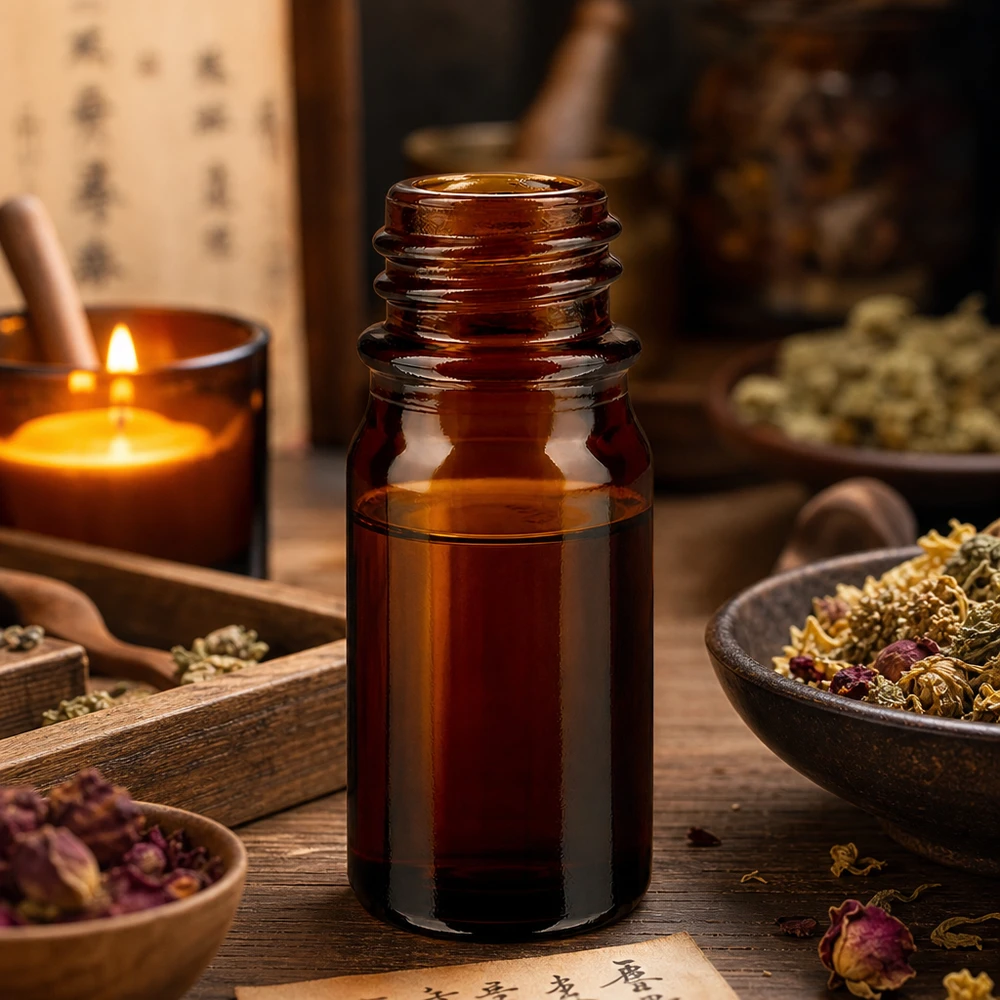 Flacon de médecine compte-gouttes 5ml brun DIN18 Flacon de pharmacie brun de 5ml ApoGlas avec caractères d'herbes chinoises et équipement de médecine traditionnelle