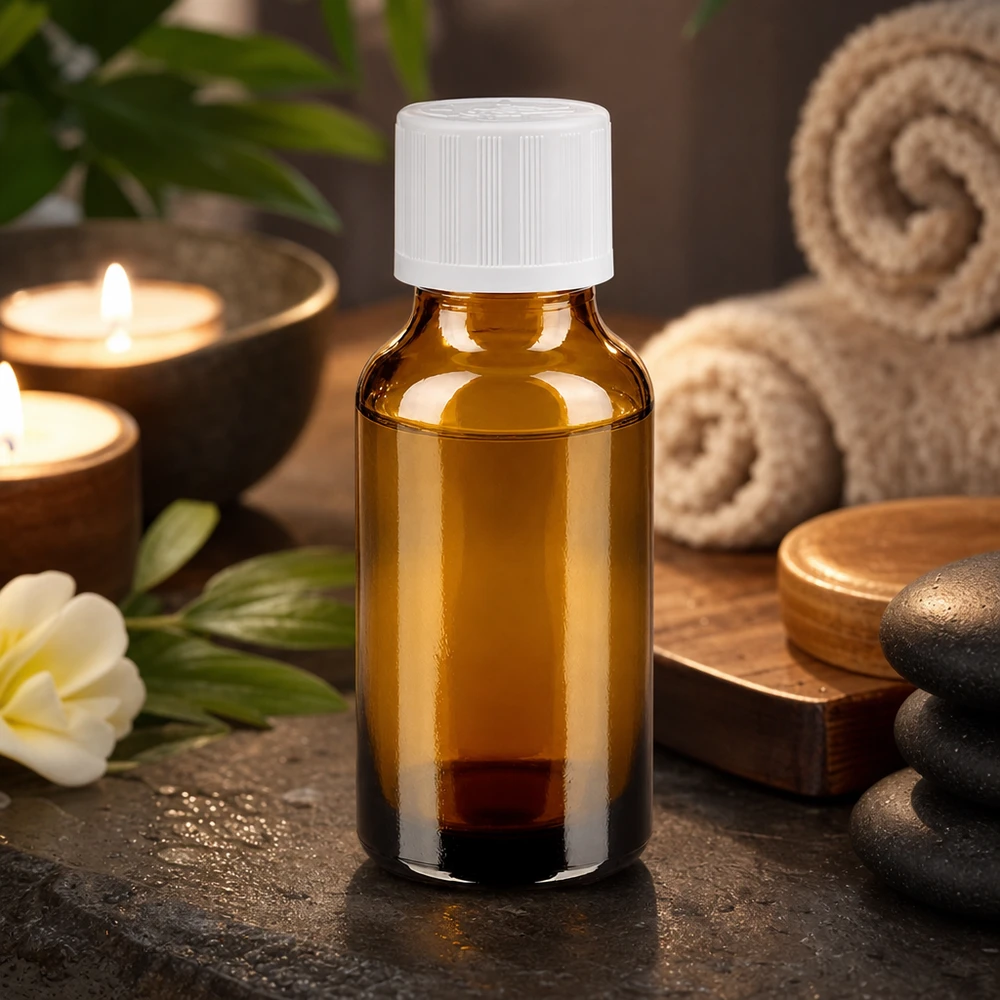 Apothekenflasche braun 20ml Schraubverschluss weiß Kindersicherung Standard Aromatherapie Braunglasflasche 20ml mit weißem KiSi Deckel im stilvollen Wellness Ambiente