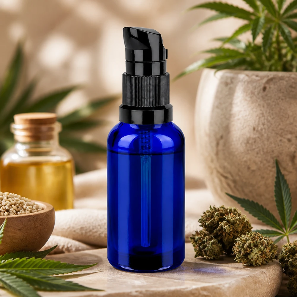 Elegante flacone a pompa blu da 30 ml con pompa nera opaca per una cura della pelle di alto livello