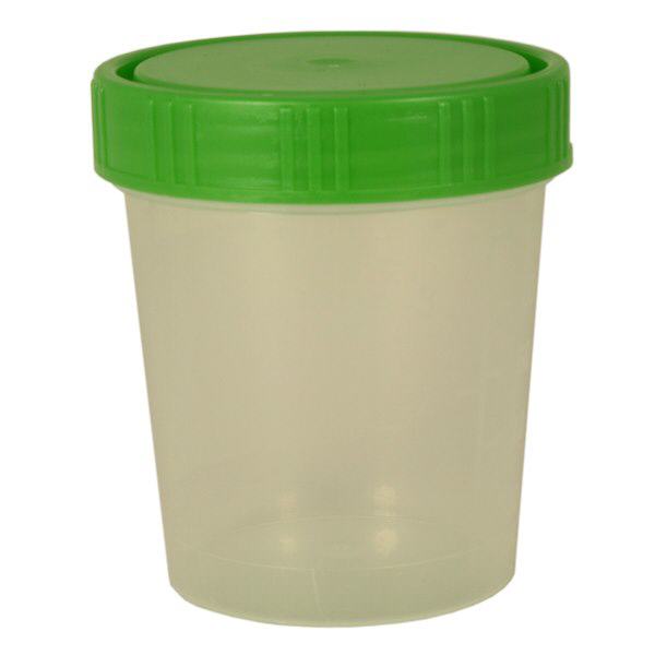 Bicchiere per urina di colore naturale da 125 ml con coperchio a vite verde Bicchiere per urina di colore naturale da 125 ml con coperchio a vite verde