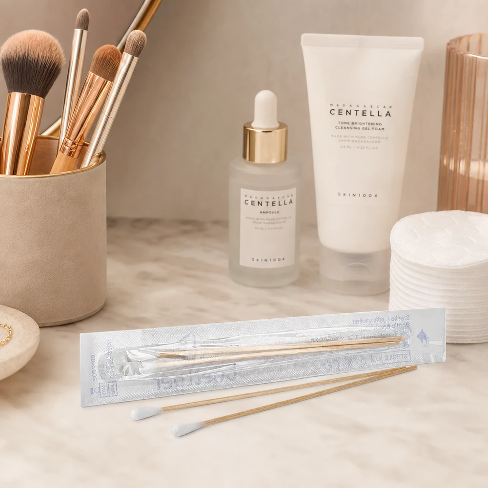 Wattestäbchen STERIL (2 Sück) Einzeln verpackte Wattestäbchen mit schlankem Holzstiel für Make-up-Korrekturen und Hautpflege