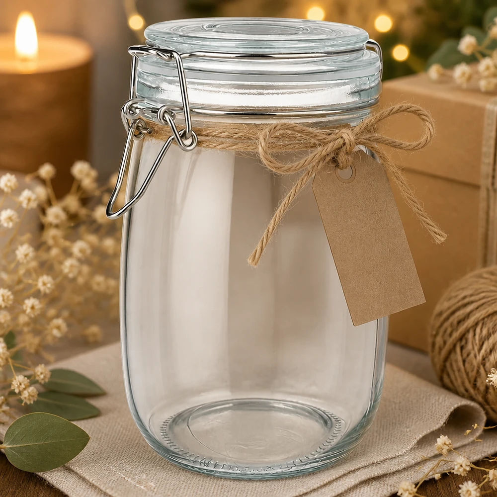 Grande vaso per conserve da 1000 ml con coperchio girevole, perfetto per la preparazione e la conservazione dei pasti.