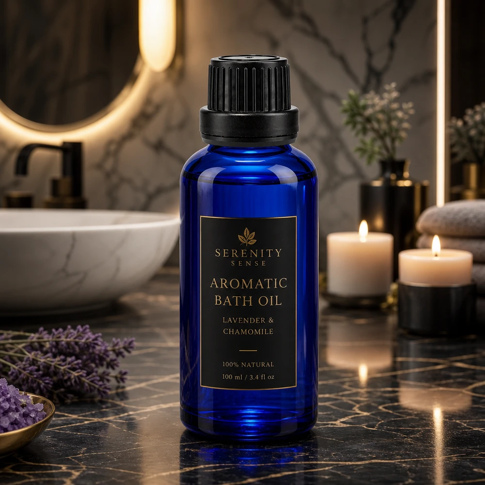 Flacon compte-gouttes ApoGlas bleu de 30 ml avec embout de 2 mm pour l'huile de bain à la lavande et à la camomille
