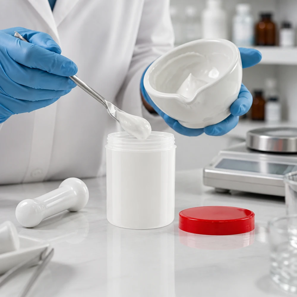 Pot à onguent blanc 10 g avec couvercle rouge (PP) Crème conditionnée dans un pot blanc de 10 g avec un couvercle rouge, à côté d'une balance d'analyse et d'un mortier en porcelaine