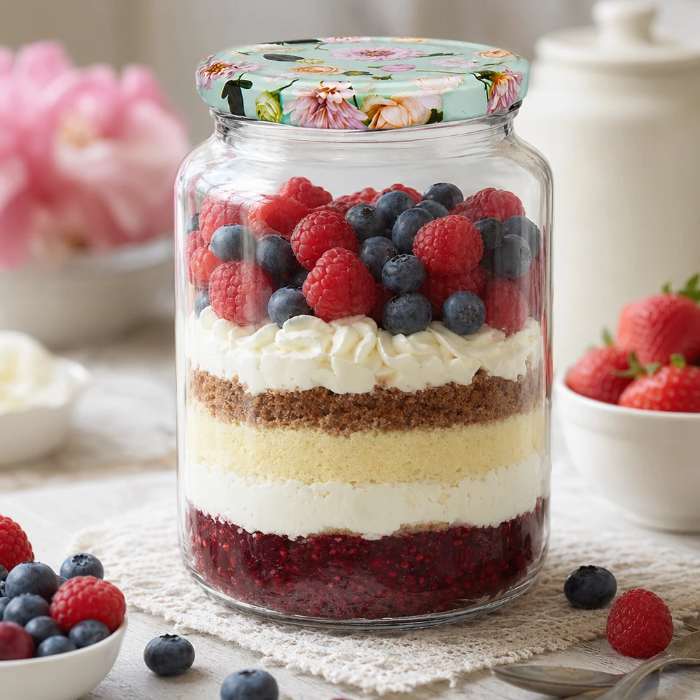 Bicchiere rotondo da 795 ml con coperchio a fiore di menta come bicchiere da dessert per dessert a strati con bacche e panna
