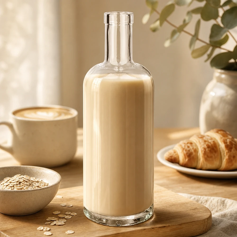 Bottiglia di vetro da 750 ml di Emma riempita di latte d'avena beige accanto a tazza di caffè, cornetto e farina d'avena su tavolo di legno