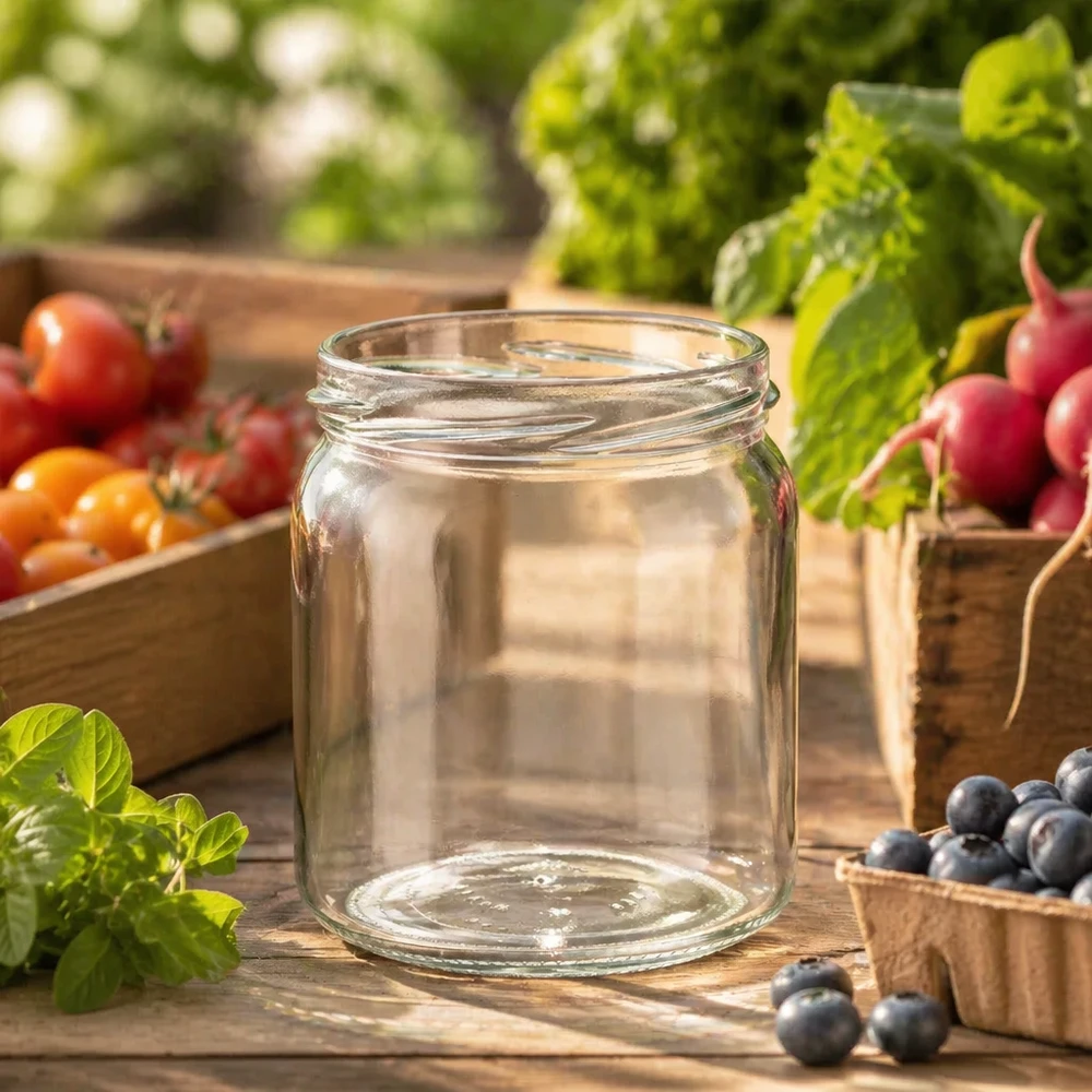 UNiTWIST Runda408 408ml Einmachglas in rustikaler Küche mit frischem Gemüse und Obst für Konservierung