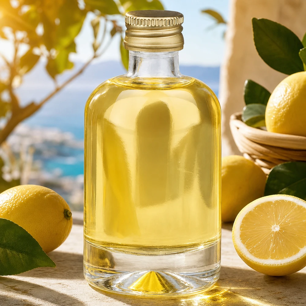 Bottiglia di vetro da 40 ml Sara riempita di contenuto giallo tra i limoni - foto prodotto con ambientazione mediterranea