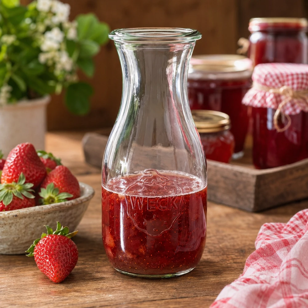 Bouteille à jus WECK RR60 de 530 ml WECK Bouteille de jus 530ml RR60 remplie de jus de fraise à côté de pots de confiture et d'un torchon de cuisine à carreaux décoré de manière rustique