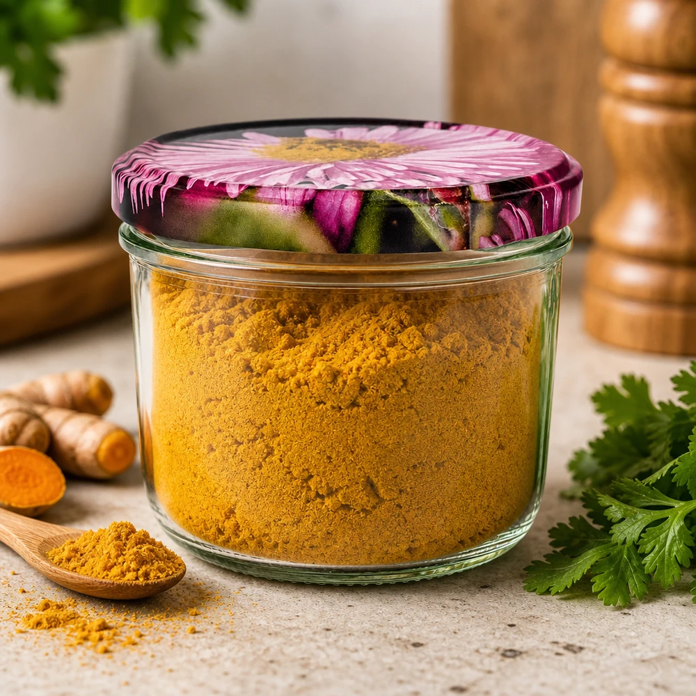 Barattolo per conserve da 230 ml riempito di curcuma in polvere, coperchio BasicSeal con motivo floreale, scena di cucina con zenzero fresco e coriandolo