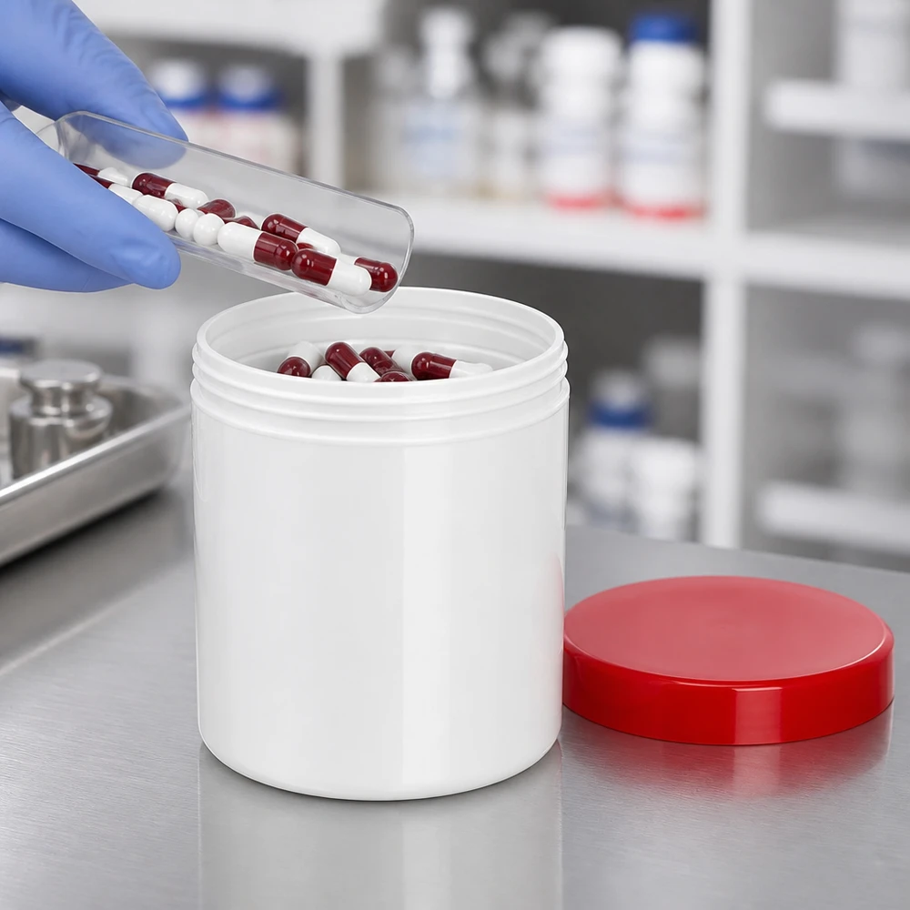 Pot à onguent blanc 200 g avec couvercle rouge (PP) Remplissage d'un pot pharmaceutique blanc de 200 g en PP avec des gélules rouges et blanches