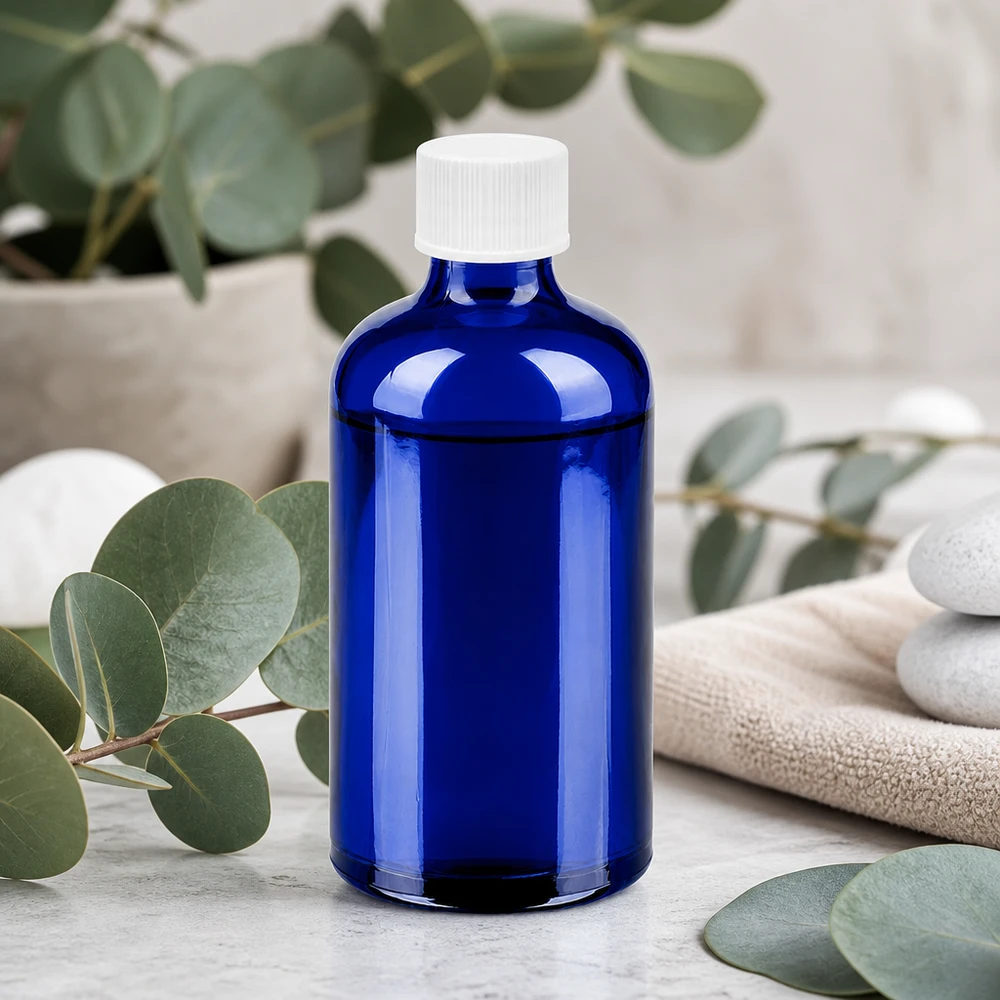 100ml Flasche 11mm Schraubverschluss weiß Standard BlueLine UT18/100 Premium Glasflasche 100ml in Apothekerblau mit auslaufsicherem 11mm Gewinde weiß