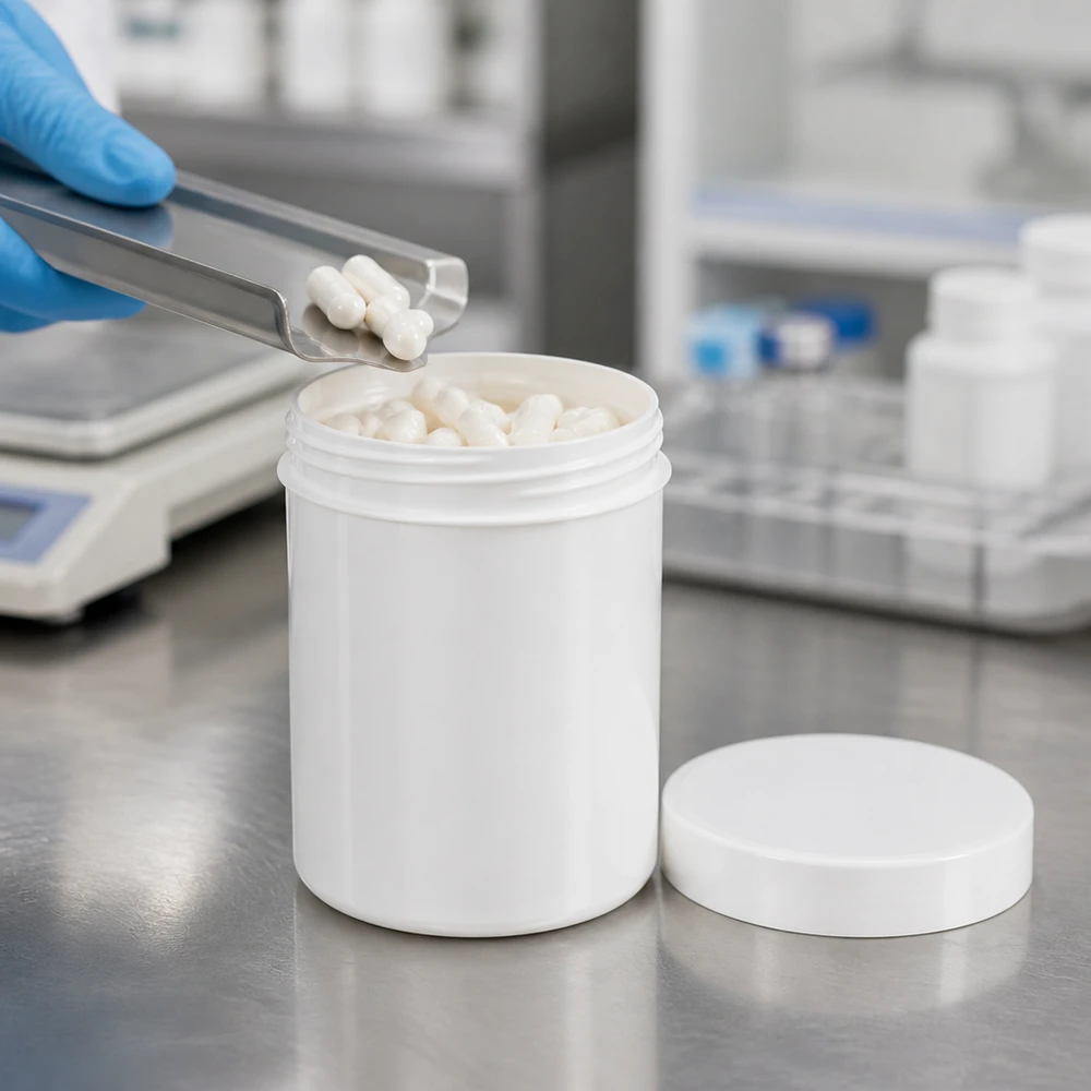 Pot cylindrique blanc en PP de 500 g avec couvercle à vis, adapté au conditionnement pharmaceutique
