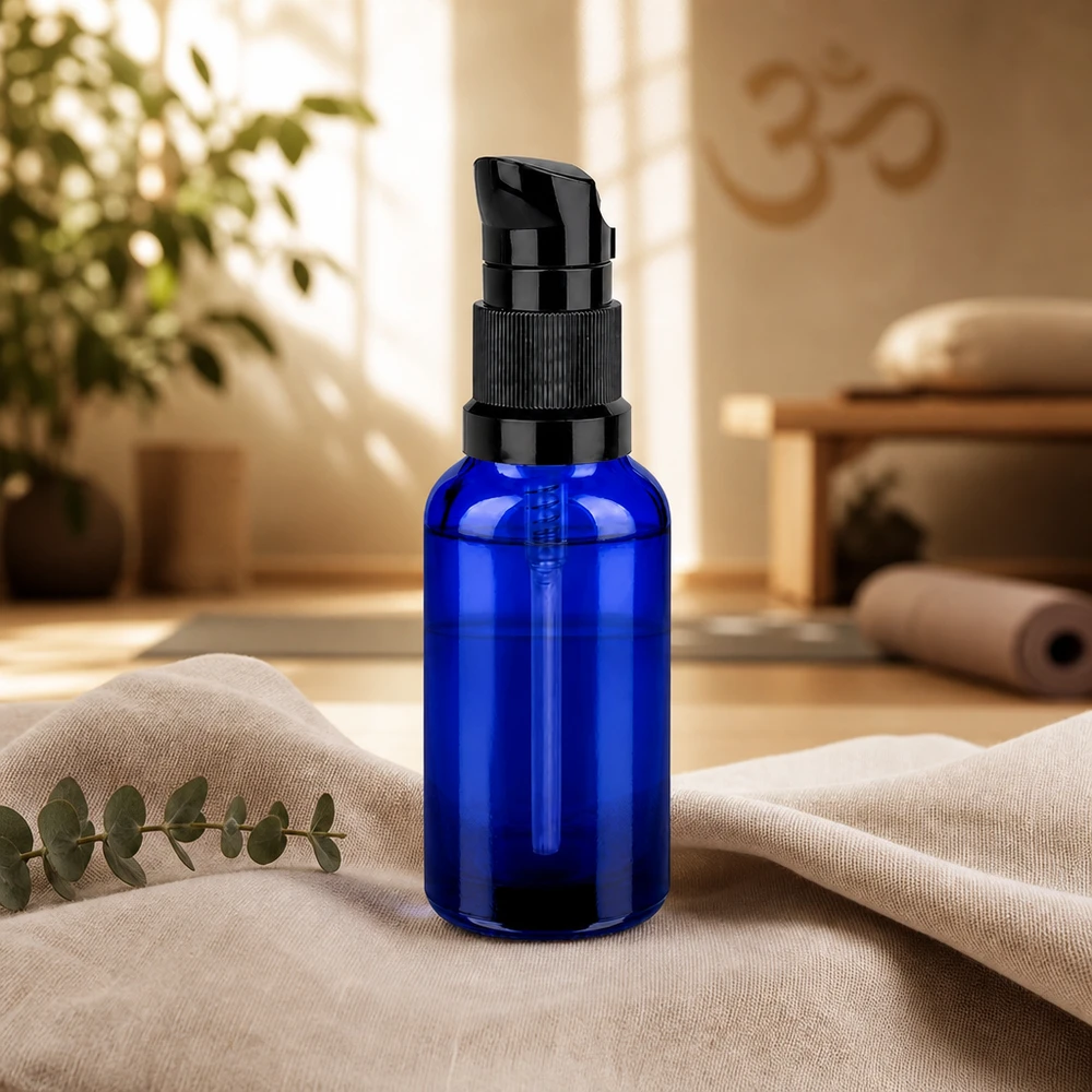 Pratico flacone in vetro BlueLine da 30 ml con meccanismo a pompa ergonomico nero