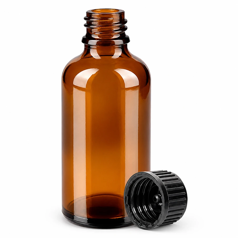 50ml Flasche 11mm Schraubverschluss schwarz Standard BrownLine UT18/50 Professionelle 50ml Glasflasche in Braun mit schwarzem Deckel für Labor und Naturkosmetik